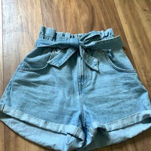 Zara light blue denim paper bag shorts